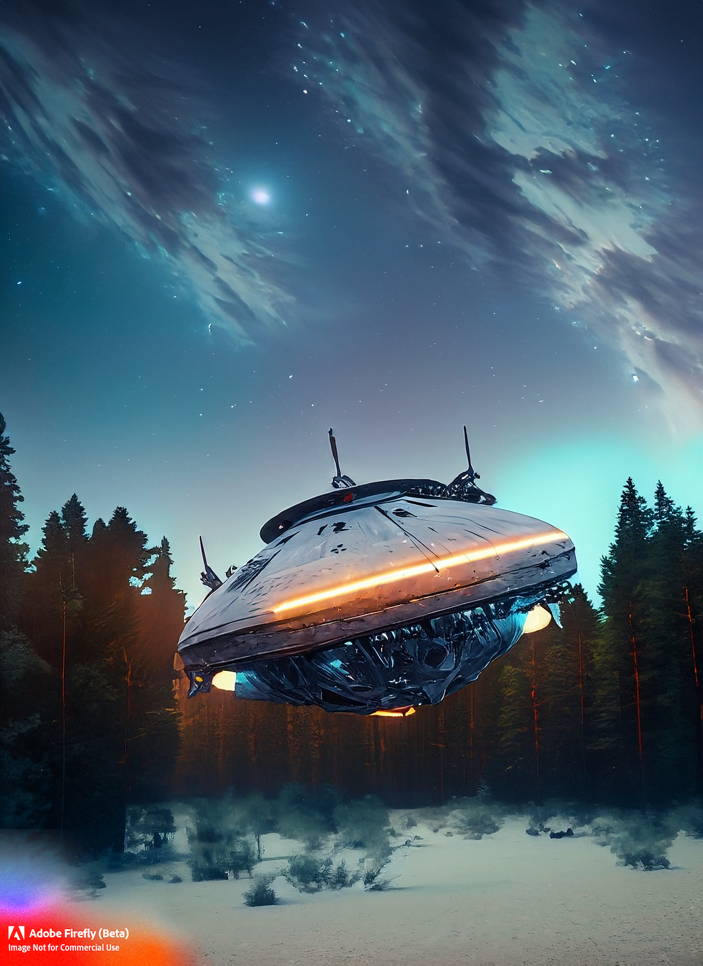 Firefly spaceship hovering in the Scandinavian forest night sky 19945