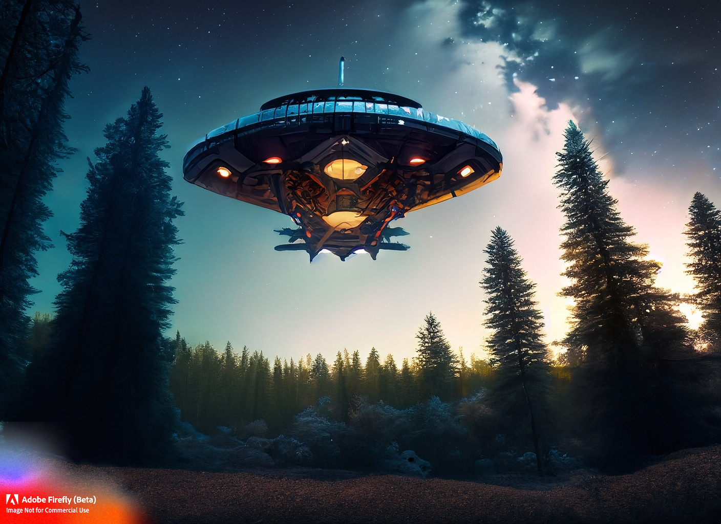 Firefly spaceship hovering in the Scandinavian forest night sky 67281-