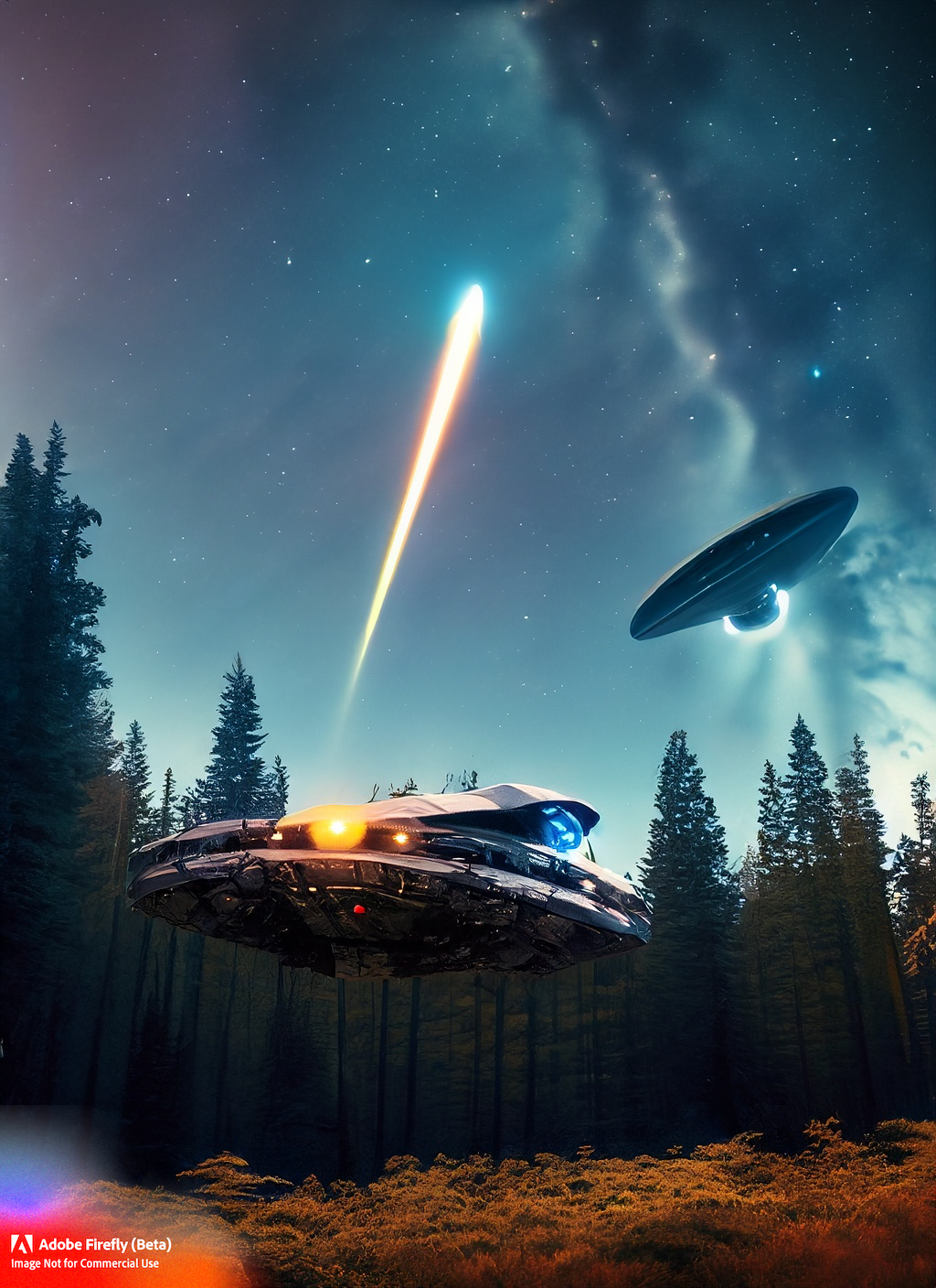 Firefly spaceship hovering in the Scandinavian forest night sky 67281