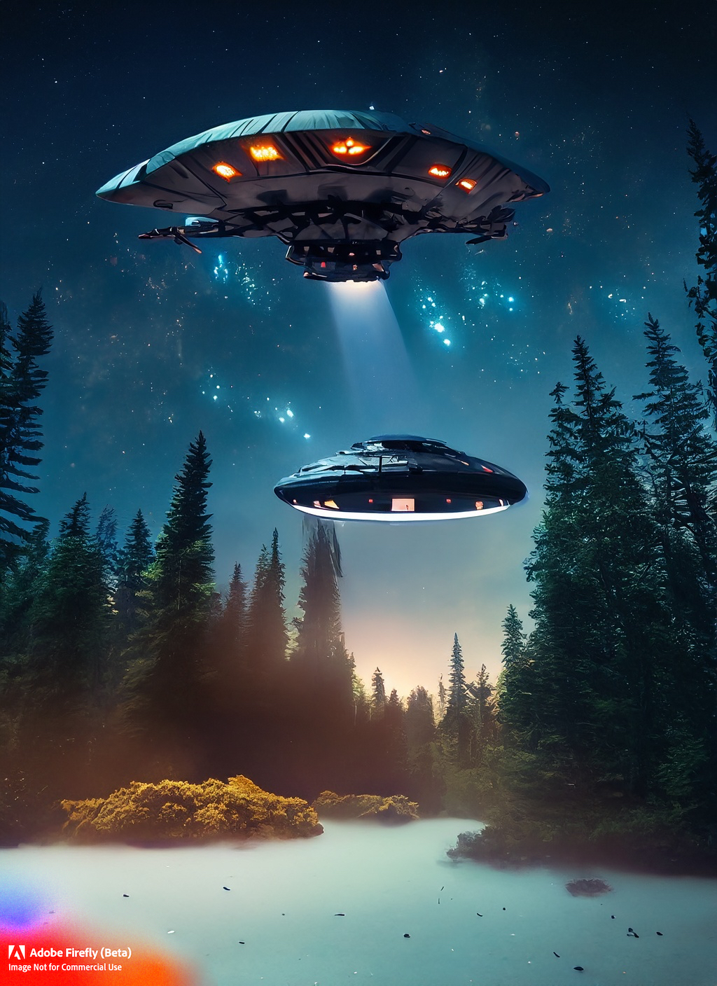 Firefly spaceship hovering in the Scandinavian forest night sky 88667