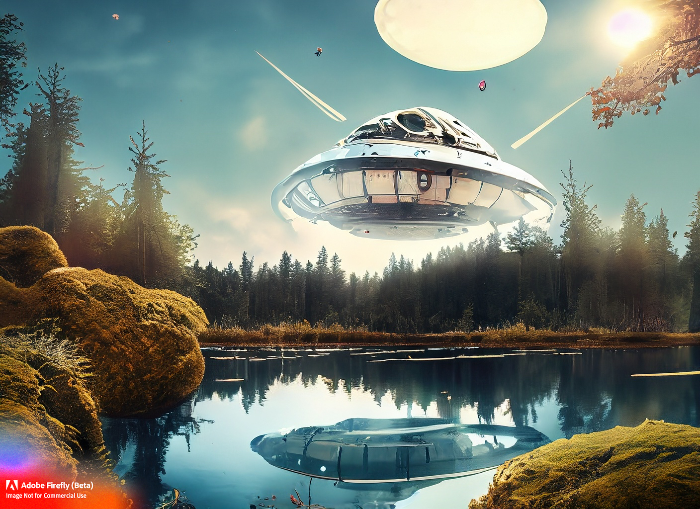 Firefly spaceship hovering in the Scandinavian forest sunny sky spaces