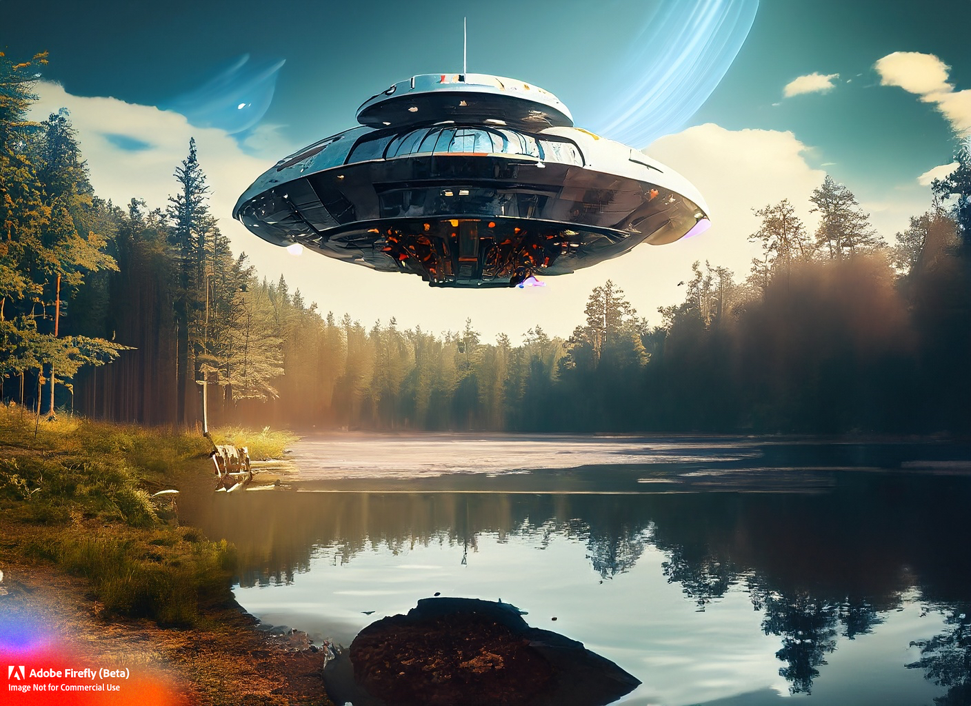 Firefly spaceship hovering in the Scandinavian forest sunny sky spaces